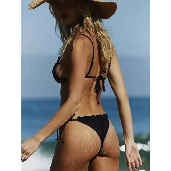 New It's Now Cool The Frill Tie Up Eco Black Rib Bikini Bottoms New Size Large - Picture 3 of 11